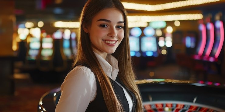 Antarmuka kasino langsung profit88 di layar smartphone menampilkan meja roulette dengan siaran video jernih